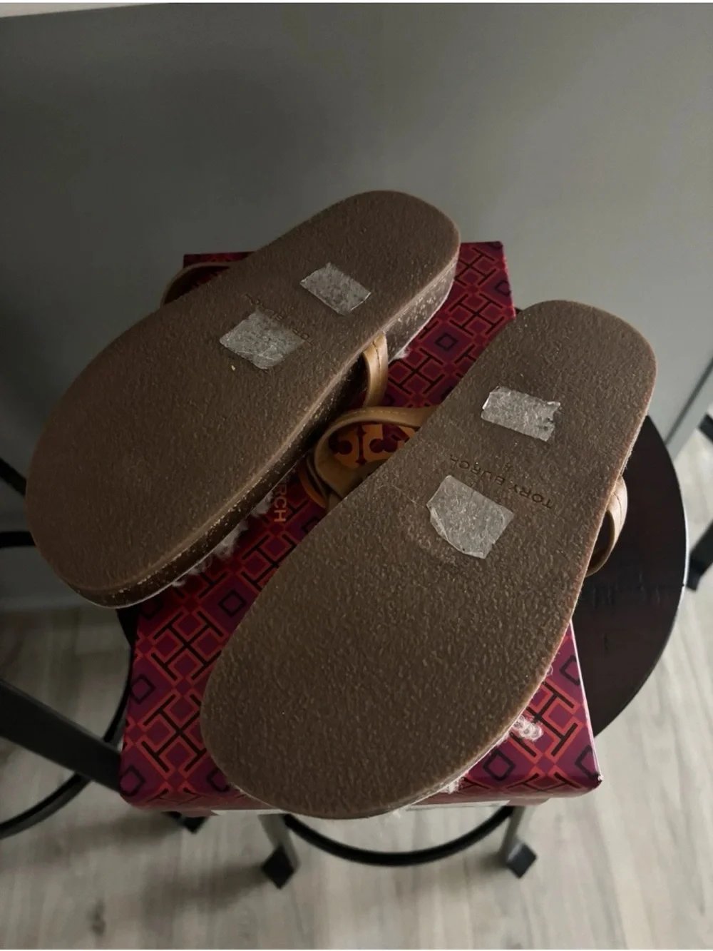 Tory Burch Tan Leather Logo Thong Sandals with Cream Fur Insole